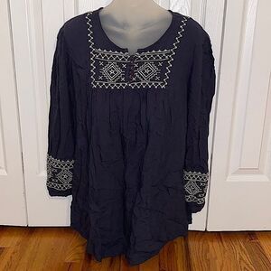 Decorated Originals Navy Hippie Boho Embroidered Top Blouse Shirt Large L